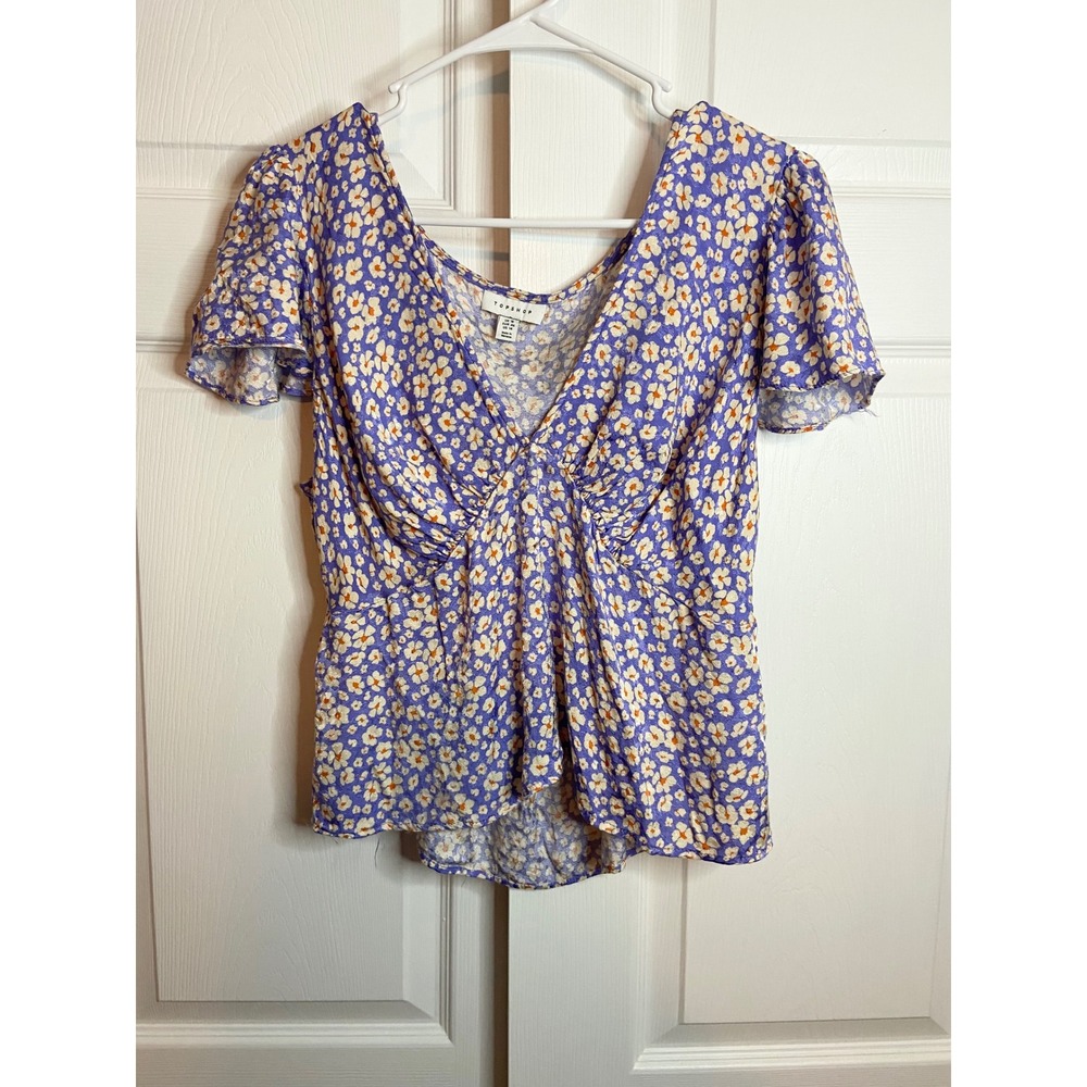 Topshop Purple Floral V-Neck Peplum Blouse Short Sleeve Size 14